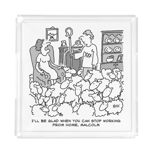 Shepherd Working from Home with Sheep. Funny Acrylic Tray (Front)