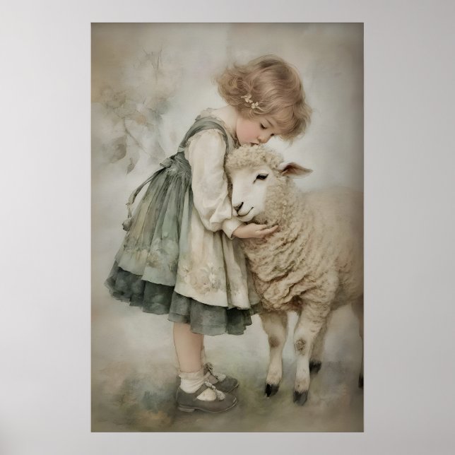 Shepherdess and Sheep Antique Print, Lamb Rustic Poster (Front)