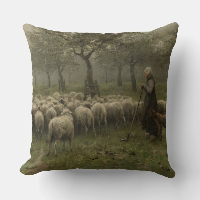 Shepherdess with a Flock of Sheep, Anton Mauve Throw Pillow (Front)