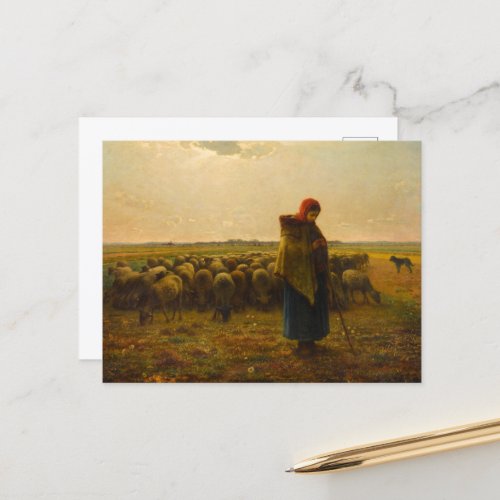 Shepherdess with her Flock by Jean_Francois Millet Holiday Postcard