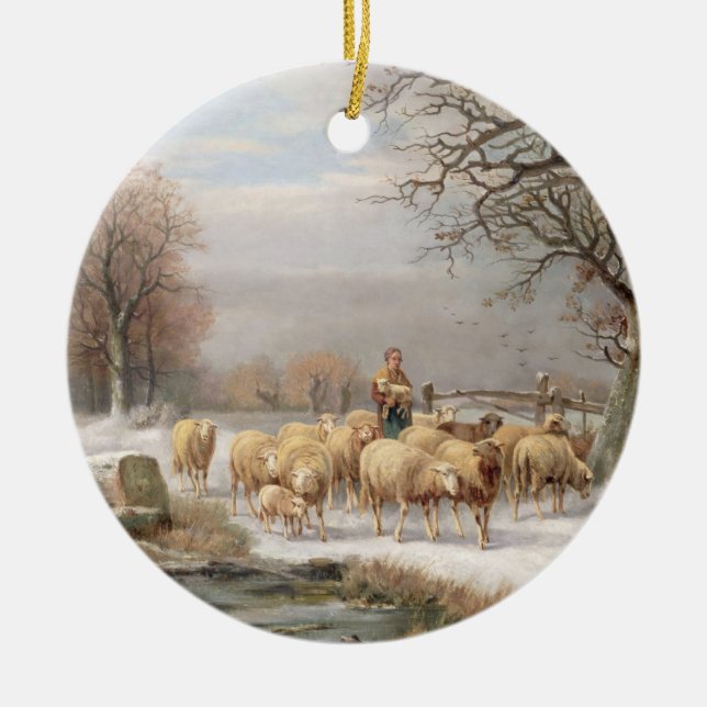 Shepherdess with her Flock in a Winter Landscape ( Ceramic Ornament (Front)