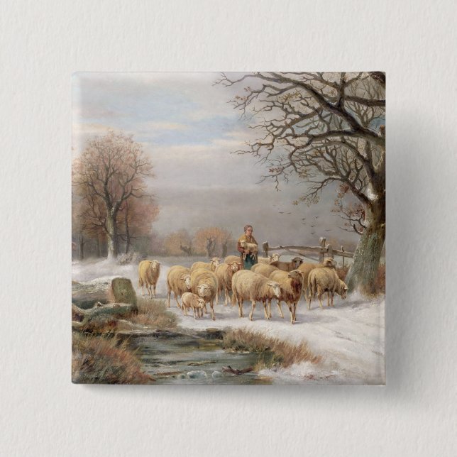 Shepherdess with her Flock in a Winter Landscape ( Pinback Button (Front)