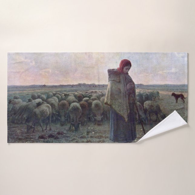 Shepherdess with Her Flock, Jean-Francois Millet Bath Towel (Bath Towel)