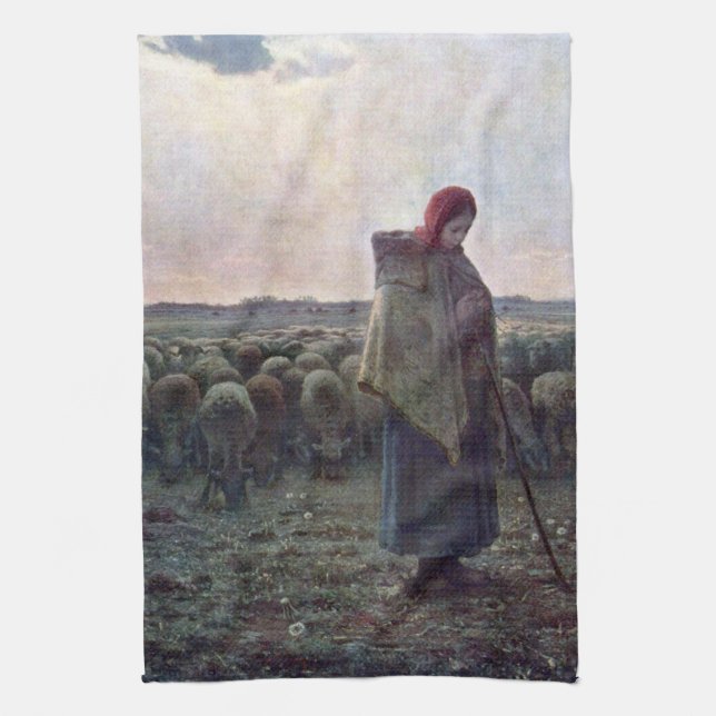 Shepherdess with Her Flock, Jean-Francois Millet Kitchen Towel (Vertical)