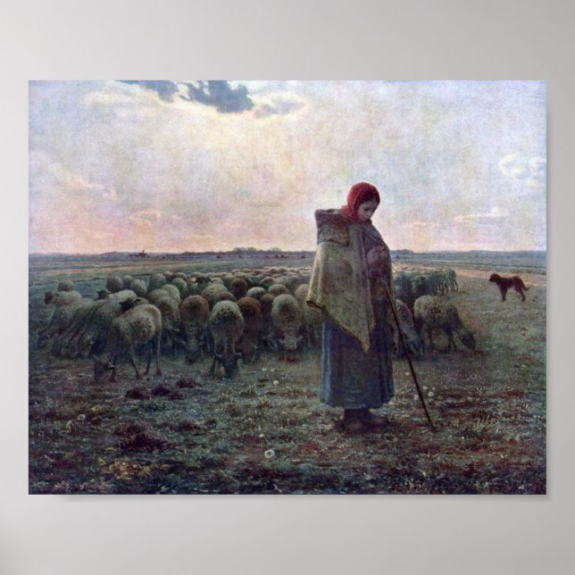 Shepherdess with Her Flock, Jean-Francois Millet Poster (Front)