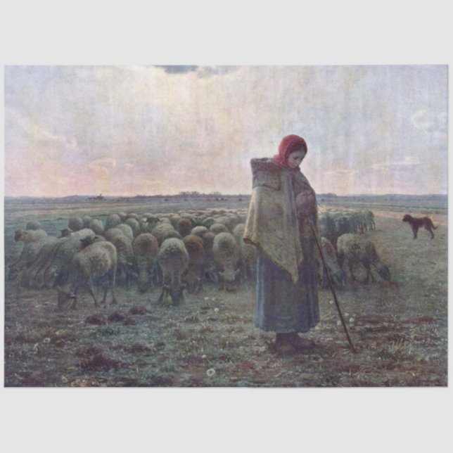 Shepherdess with Her Flock, Jean-Francois Millet Tissue Paper (Front)