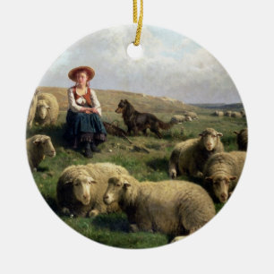 Shepherdess with Sheep in a Landscape Ceramic Ornament