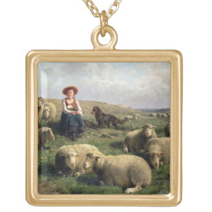 Shepherdess with Sheep in a Landscape Gold Plated Necklace