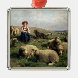 Shepherdess with Sheep in a Landscape Metal Ornament