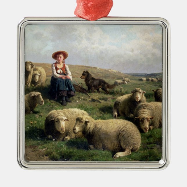Shepherdess with Sheep in a Landscape Metal Ornament (Front)