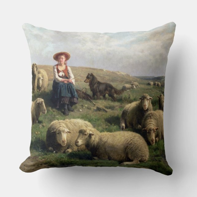 Shepherdess with Sheep in a Landscape Throw Pillow (Front)