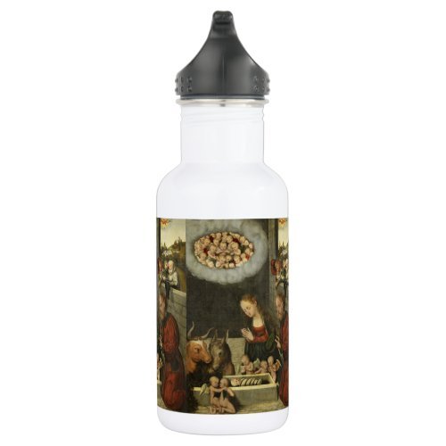 Shepherds Adoring Baby Jesus by Cranach Water Bottle