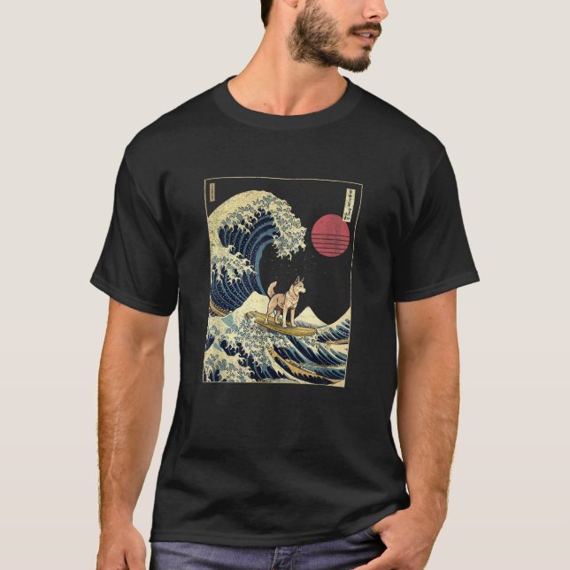 Shepsky Japanese Kanagawa Wave Funny Surf Dog Men  T-Shirt (Front)