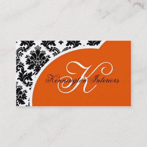 Sherbet Orange Black Damask Business Cards