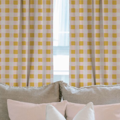 Sherbet Pink and Gold Hand_Drawn Checkered Plaid  Sheer Curtains