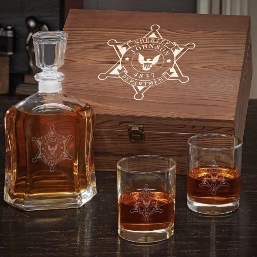 Sheriff Badge Box Set w Decanter  Whiskey Glasse