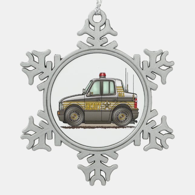 Sheriff Car Patrol Car Snowflake Pewter Christmas Ornament (Front)