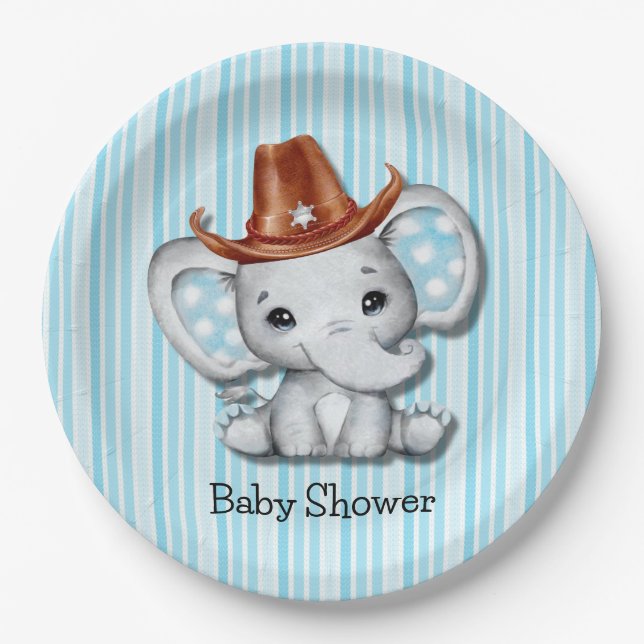 Sheriff Cowboy Elephant Baby Shower Thank You Paper Plates (Front)