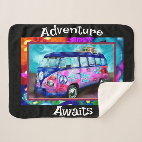 Sherpa Blanket _ Adventure Awaits Hippie Bus Van