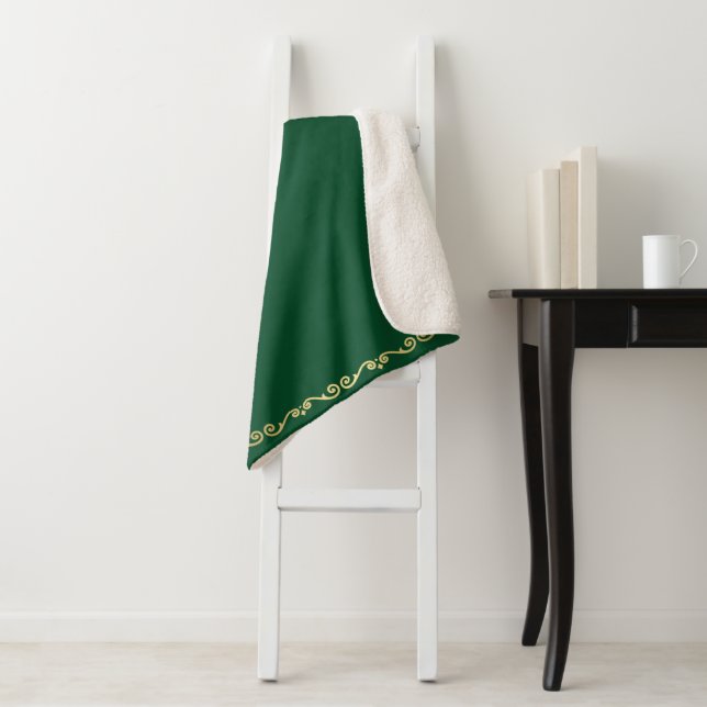 Sherpa Blanket-Emerald Green & Gold Scroll Print Sherpa Blanket (In Situ)