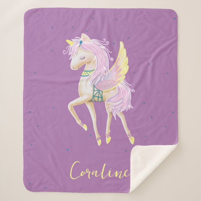 Sherpa Blanket with a cute unicorn illustration. (Front)