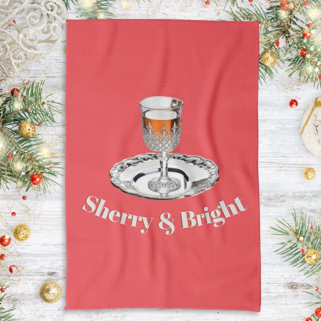 Sherry & Bright Drink Glass Funny Red Christmas Kitchen Towel (A festive red kitchen towel with a glass of sherry on a silver platter, with amusing caption)