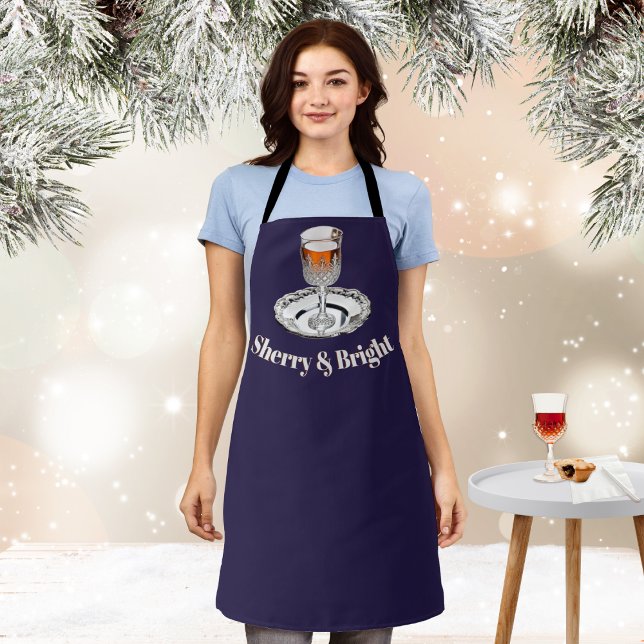 Sherry & Bright Funny Novelty Christmas Kitchen Apron (A festive kitchen apron with glass of sherry picture and 'Sherry & Bright' caption)
