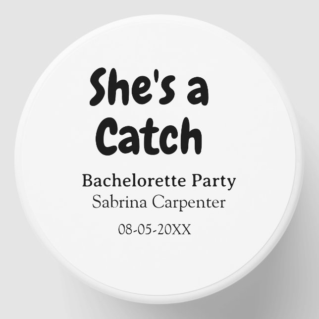 She's a catch bachelorette party name date simple  mini candle favors (Front)