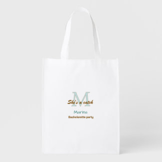 She's a catch blue monogram bachelorette party bro grocery bag
