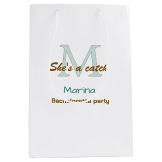 She's a catch blue monogram bachelorette party bro medium gift bag