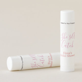 she's a catch bridal shower name date pink purple  lip balm
