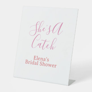 she's a catch bridal shower name date pink purple  pedestal sign