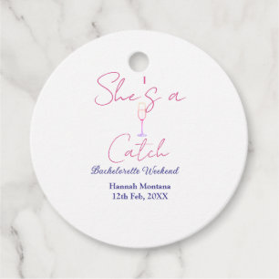 She's a catch champagne bottle bachelorette weeken favor tags