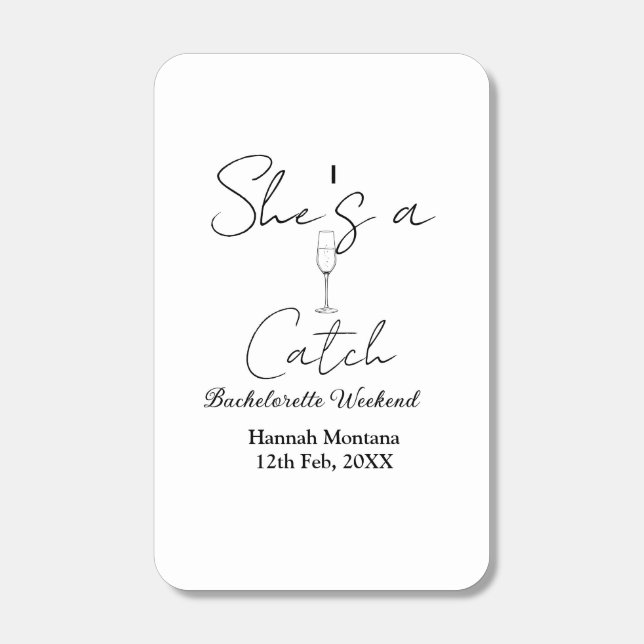 She's a catch champagne bottle bachelorette weeken matchboxes (Front)