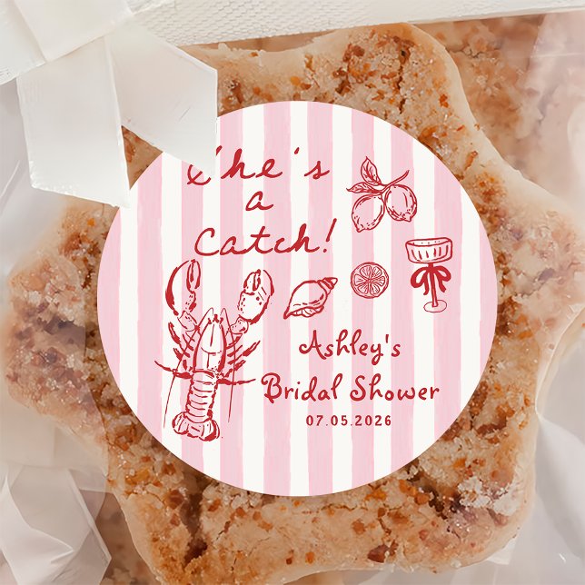 She's A Catch Coastal Lobster Bridal Shower Classic Round Sticker (Creator Uploaded)