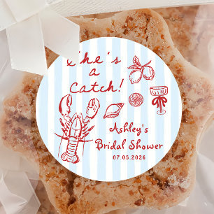 She's A Catch Coastal Lobster Bridal Shower Classic Round Sticker