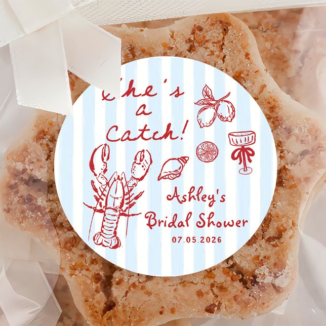 She's A Catch Coastal Lobster Bridal Shower Classic Round Sticker (Creator Uploaded)