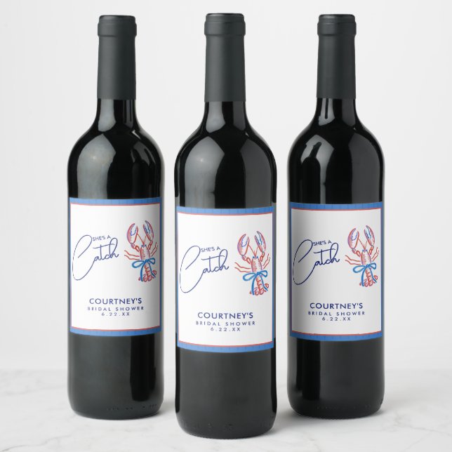 She's A Catch Coastal Lobster Bridal Shower Wine Label (Bottles)