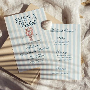 She's a catch Lobster Blue Striped Bachelorette Invitation