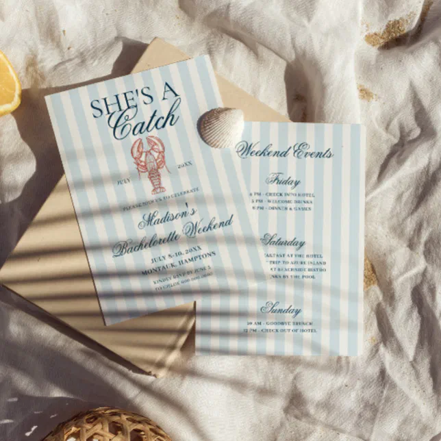 She's a catch Lobster Blue Striped Bachelorette Invitation





