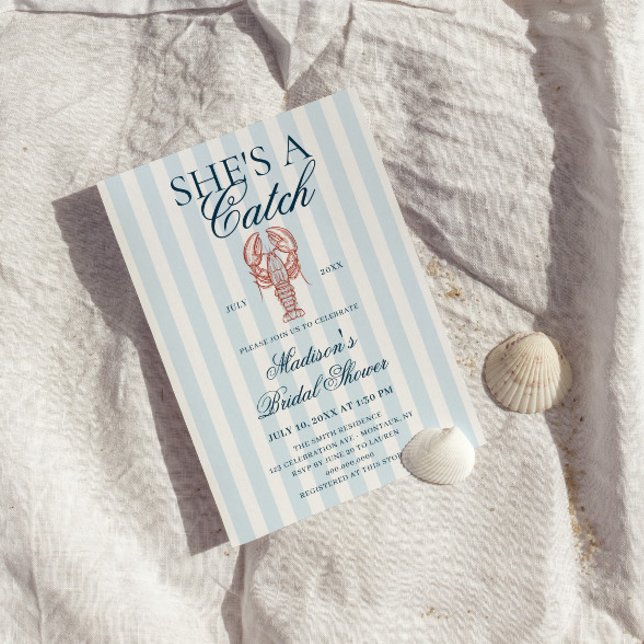 She's a catch Lobster Blue Striped Bridal Shower Invitation (Creator Uploaded)