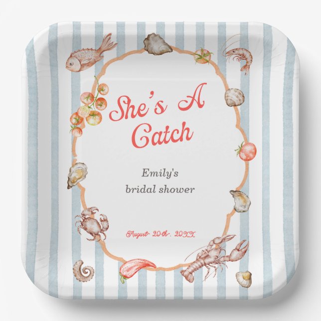 She's A Catch Lobster Coastal Bridal Shower Paper Plates (Front)