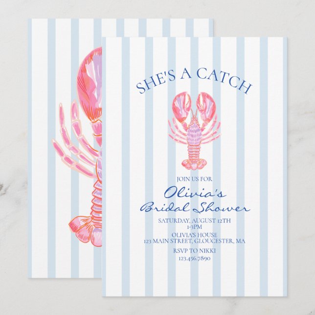 She's a Catch Preppy Lobster Bridal Shower Invitation (Front/Back)