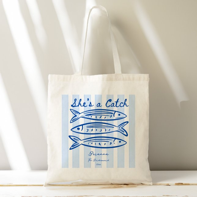 She's a catch sardines bridesmaids gifts custom tote bag (She's a catch hand drawn blue sardines stripes bridesmaids gifts custom tote bag bridal party favors)