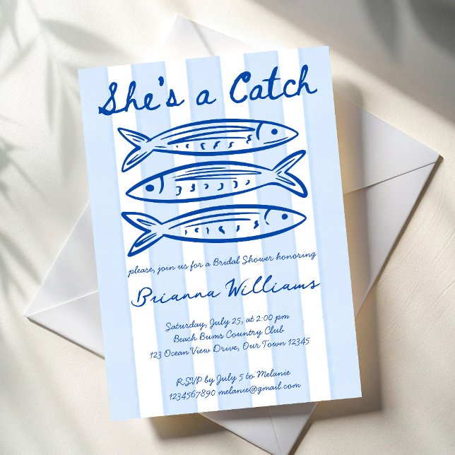 She's a catch sardines fish bridal shower invitation (She's a catch hand drawn blue  sardines vintage stripes fish bridal shower invitation cards template)