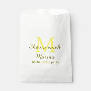 She's a catch yellow monogram bachelorette party n favor bag