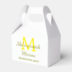 She's a catch yellow monogram bachelorette party n favor boxes