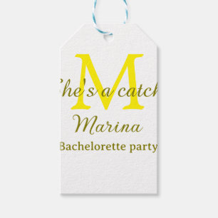 She's a catch yellow monogram bachelorette party n gift tags
