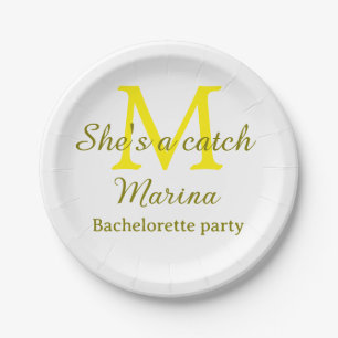 She's a catch yellow monogram bachelorette party n paper plates