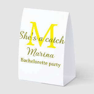 She's a catch yellow monogram bachelorette party n paper table tent